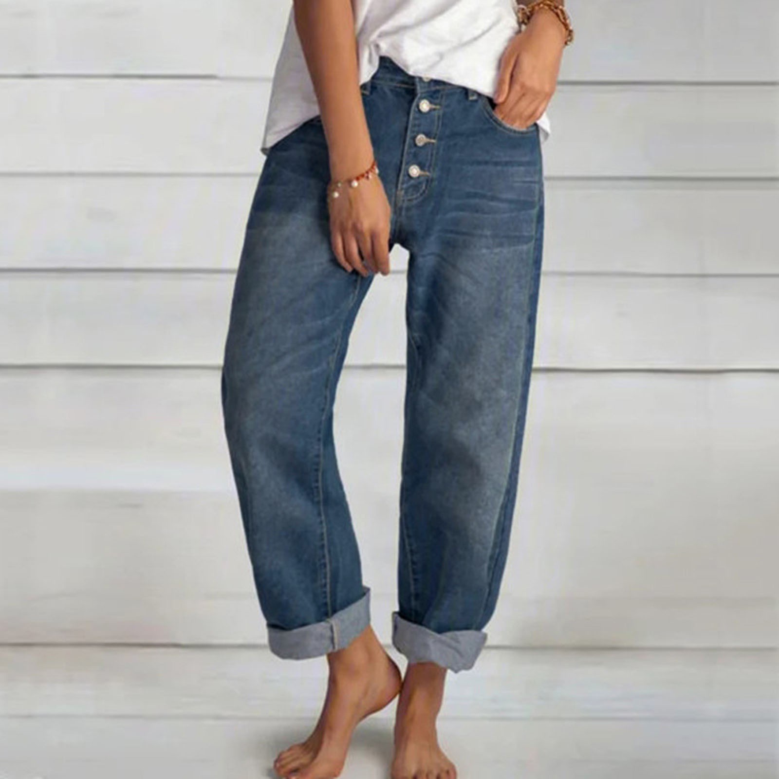 thumbnail image 2 of Vaqueros rectos rasgados de cintura alta para mujer: pantalones informales desgastados con tejido vaquero elástico (S-XXL), 2 of 8
